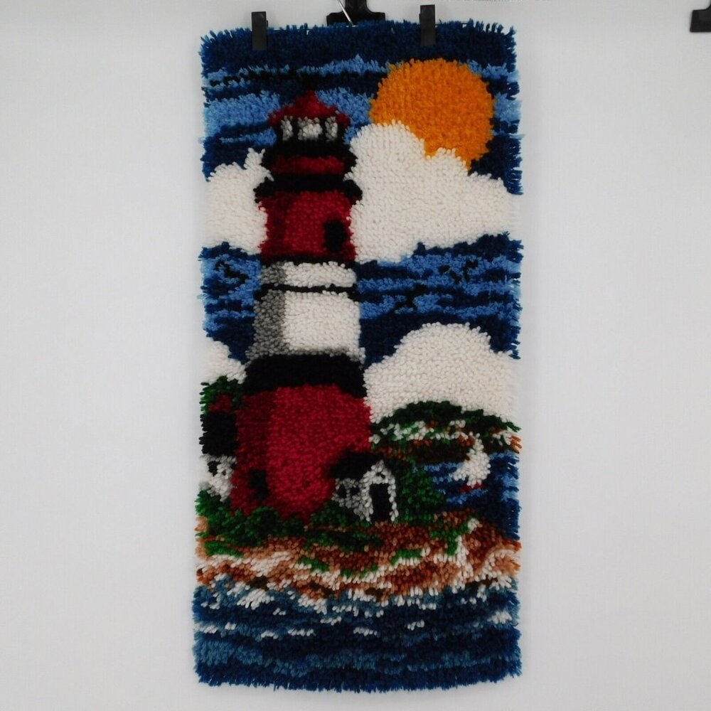 Lighthouse Design Rectangular Completed Handmade Latch Hook Wall Hanging Rug